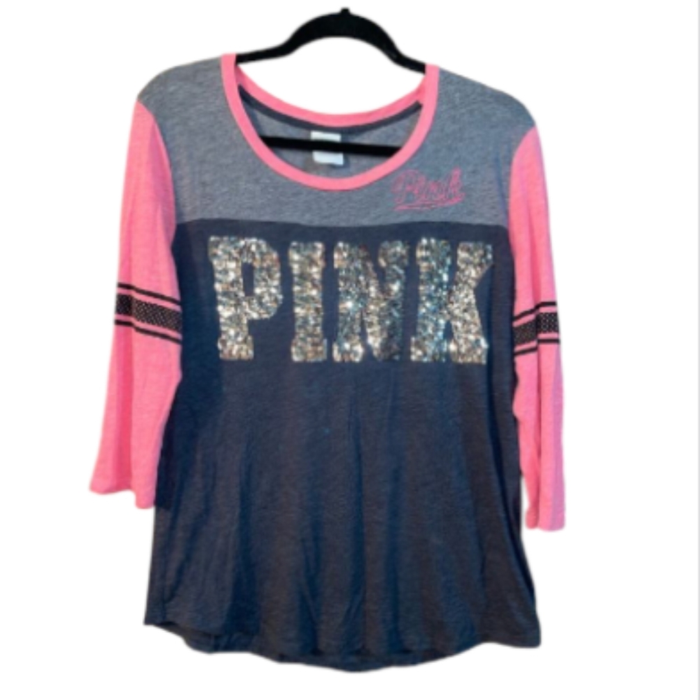 PINK VS Sequin Color block Baseball 3/4 Tee Shirt Pink & Gray